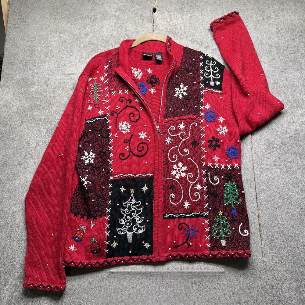 Vintage Christmas Sweater Red Embroidered Holiday Cardigan Women's Large